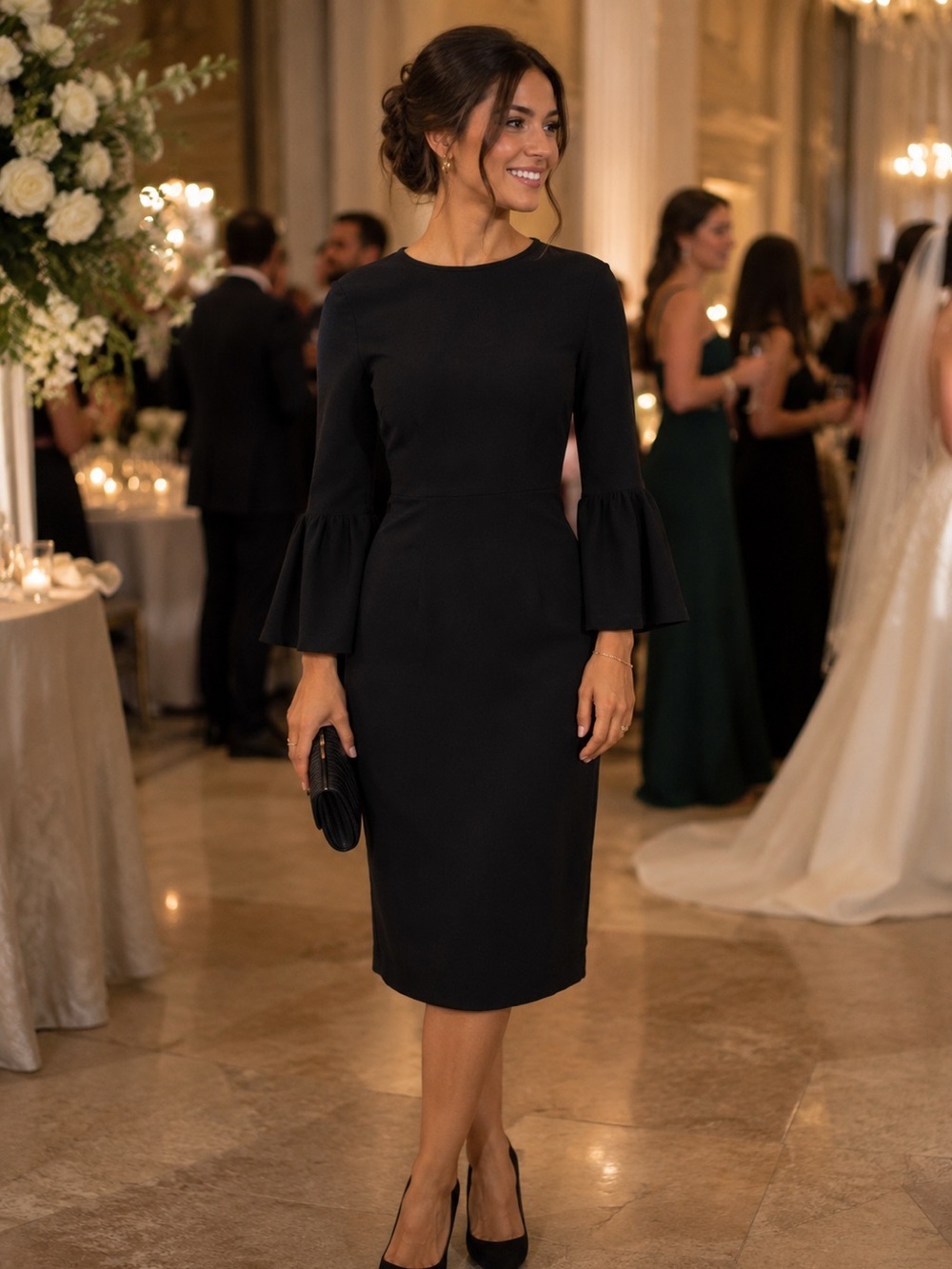 Little  Black dress / Long Sleeve Bell Cuff Sheath‎ Dress /Wedding Guest Small